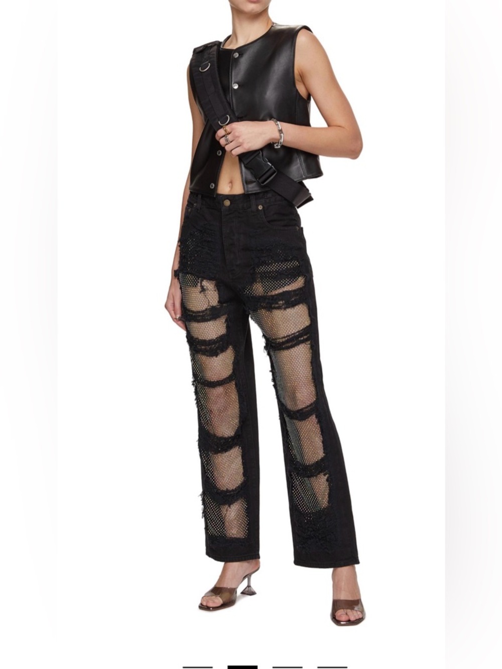Darkpark Black Distressed Crystal Fishnet Straight Leg Jeans NWT
